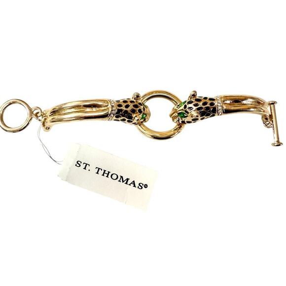 NEW Vintage St Thomas Gold Tone Green Eyes Double Leopard Head Toggle Bracelet - Picture 5 of 6